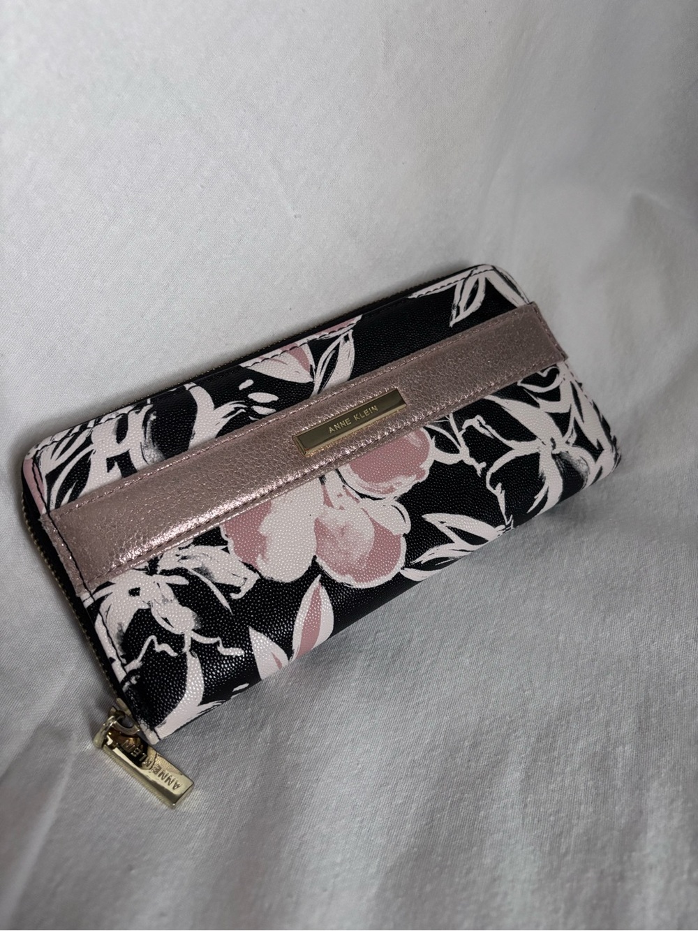 Anne Klein Black & Pink Floral Zip-Around Wallet